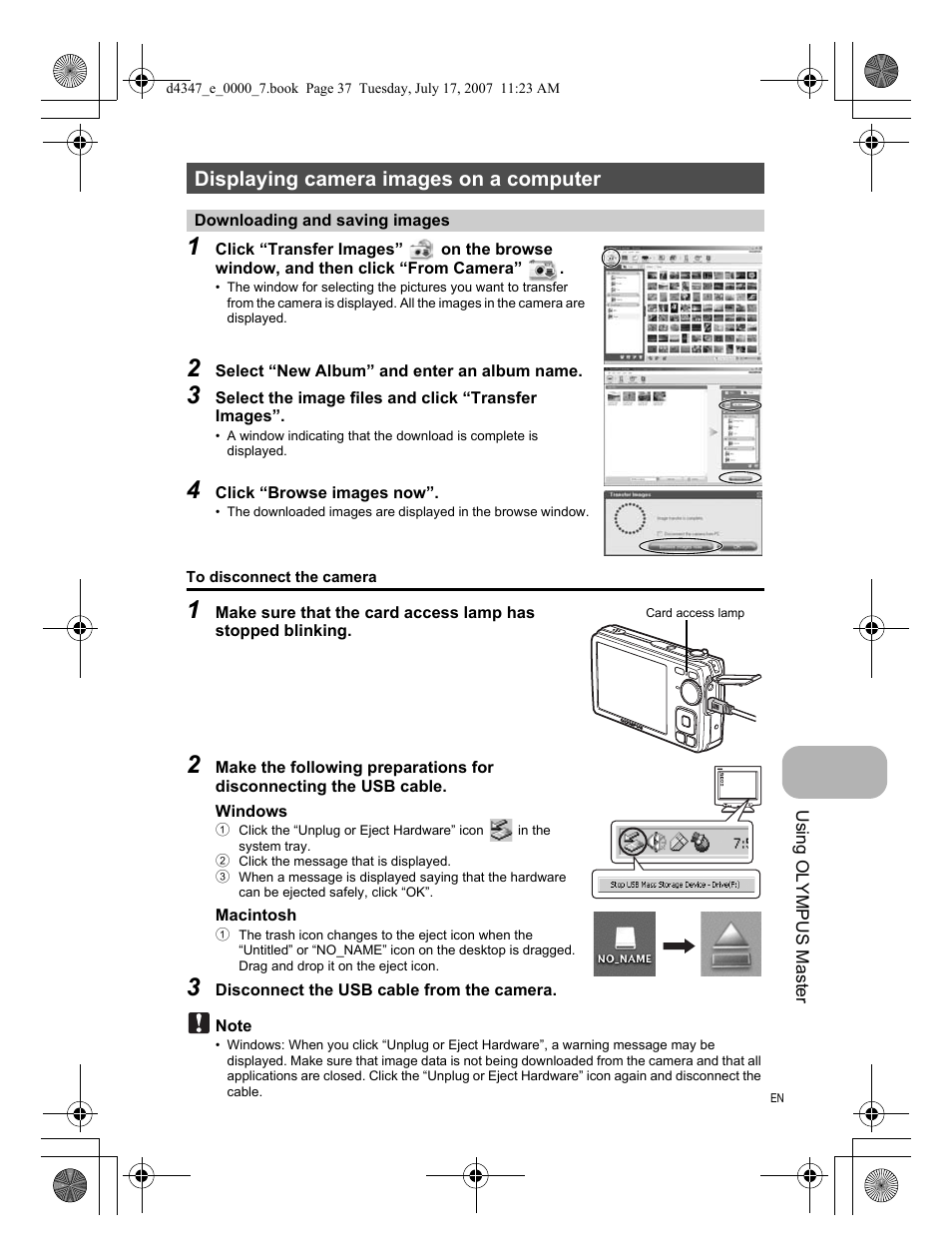 Displaying camera images on a computer, Downloading and saving images | Olympus FE-290 User Manual | Page 37 / 68