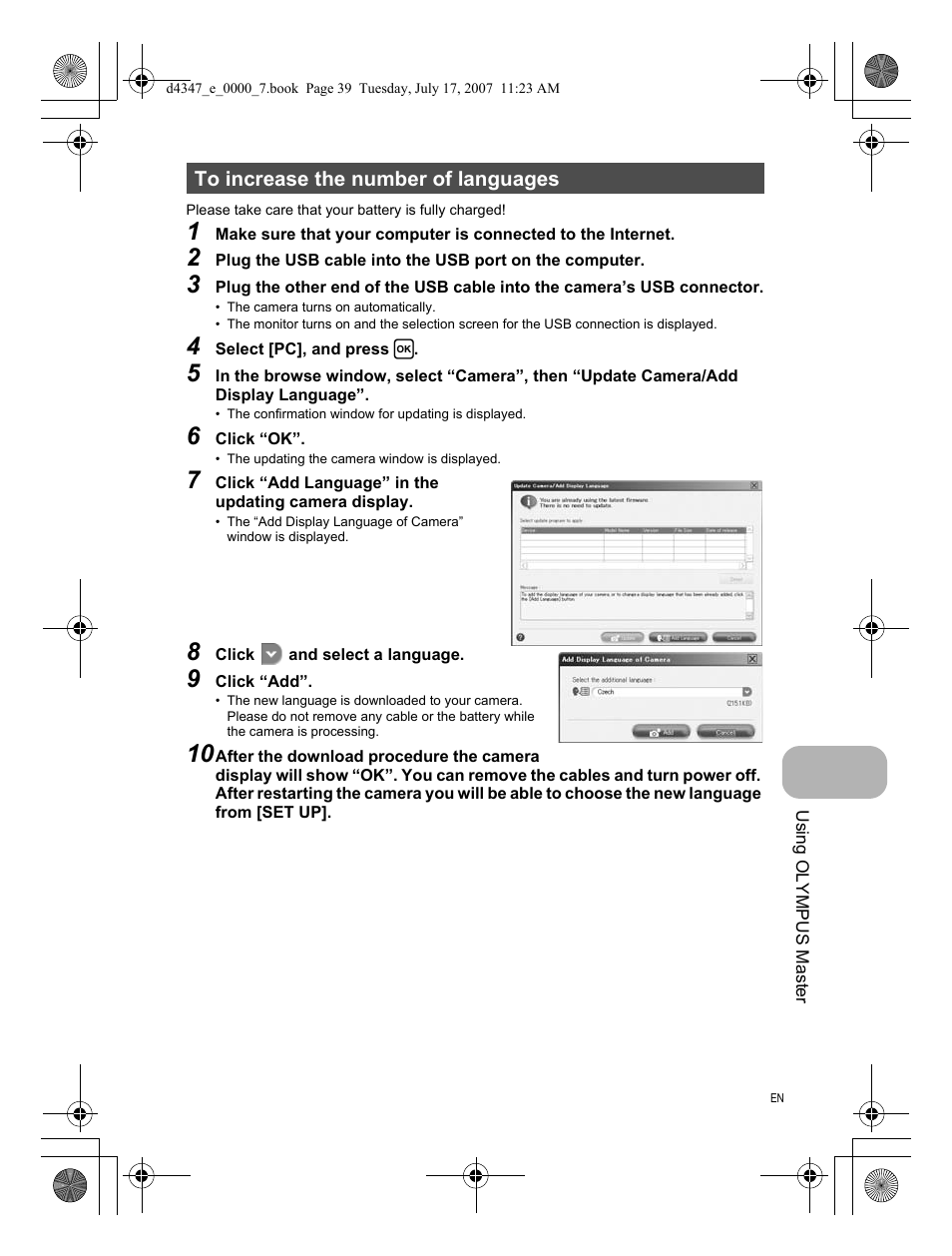 To increase the number of languages | Olympus FE-290 User Manual | Page 39 / 68