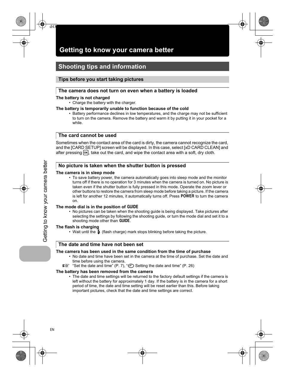 Getting to know your camera better, Shooting tips and information, Tips before you start taking pictures | The card cannot be used, The date and time have not been set | Olympus FE-290 User Manual | Page 40 / 68