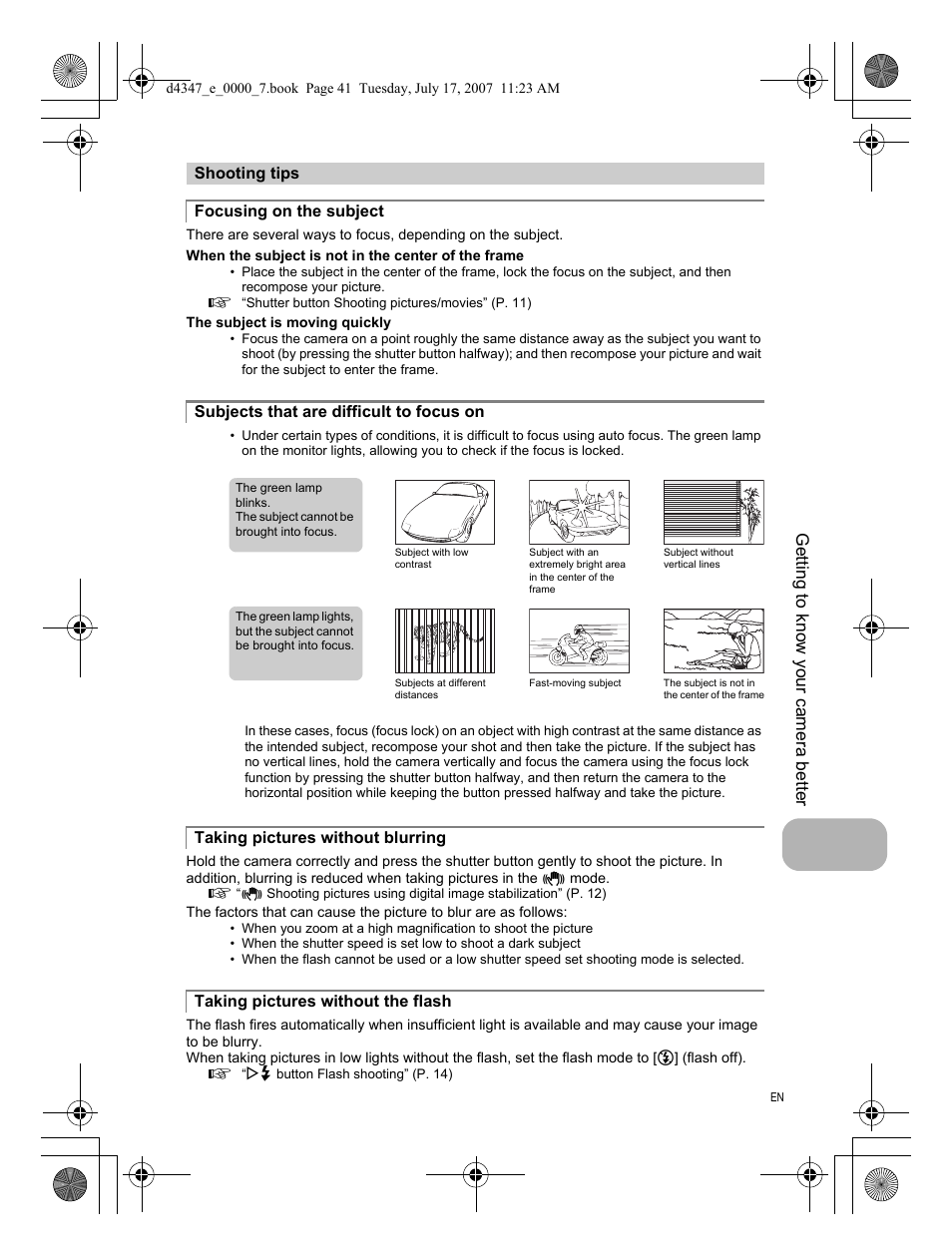 Shooting tips, Focusing on the subject, Subjects that are difficult to focus on | Taking pictures without blurring, Taking pictures without the flash, Getting to know your camera better | Olympus FE-290 User Manual | Page 41 / 68