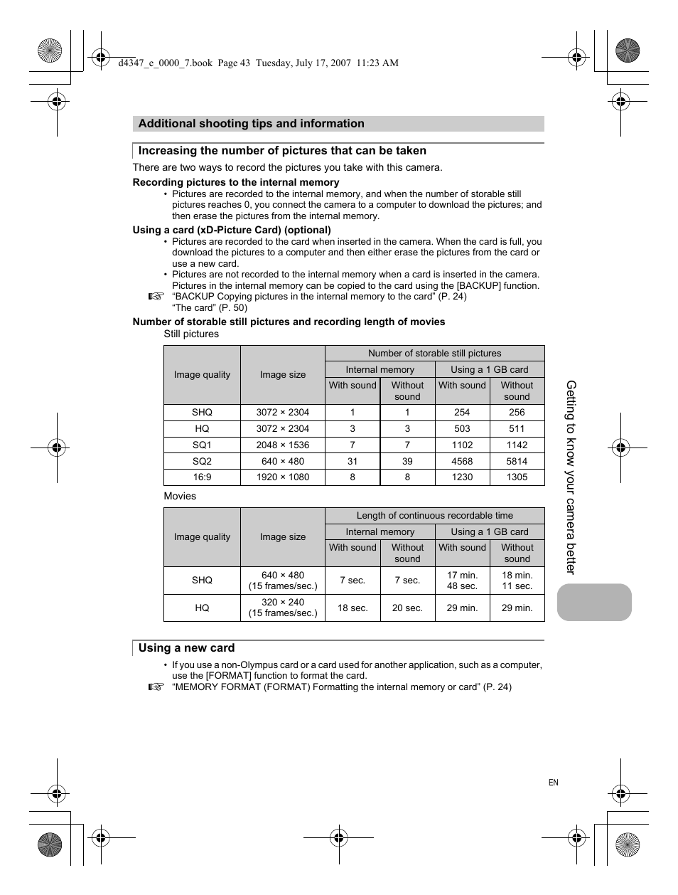 Additional shooting tips and information, Using a new card, Getting to know your camera better | Olympus FE-290 User Manual | Page 43 / 68