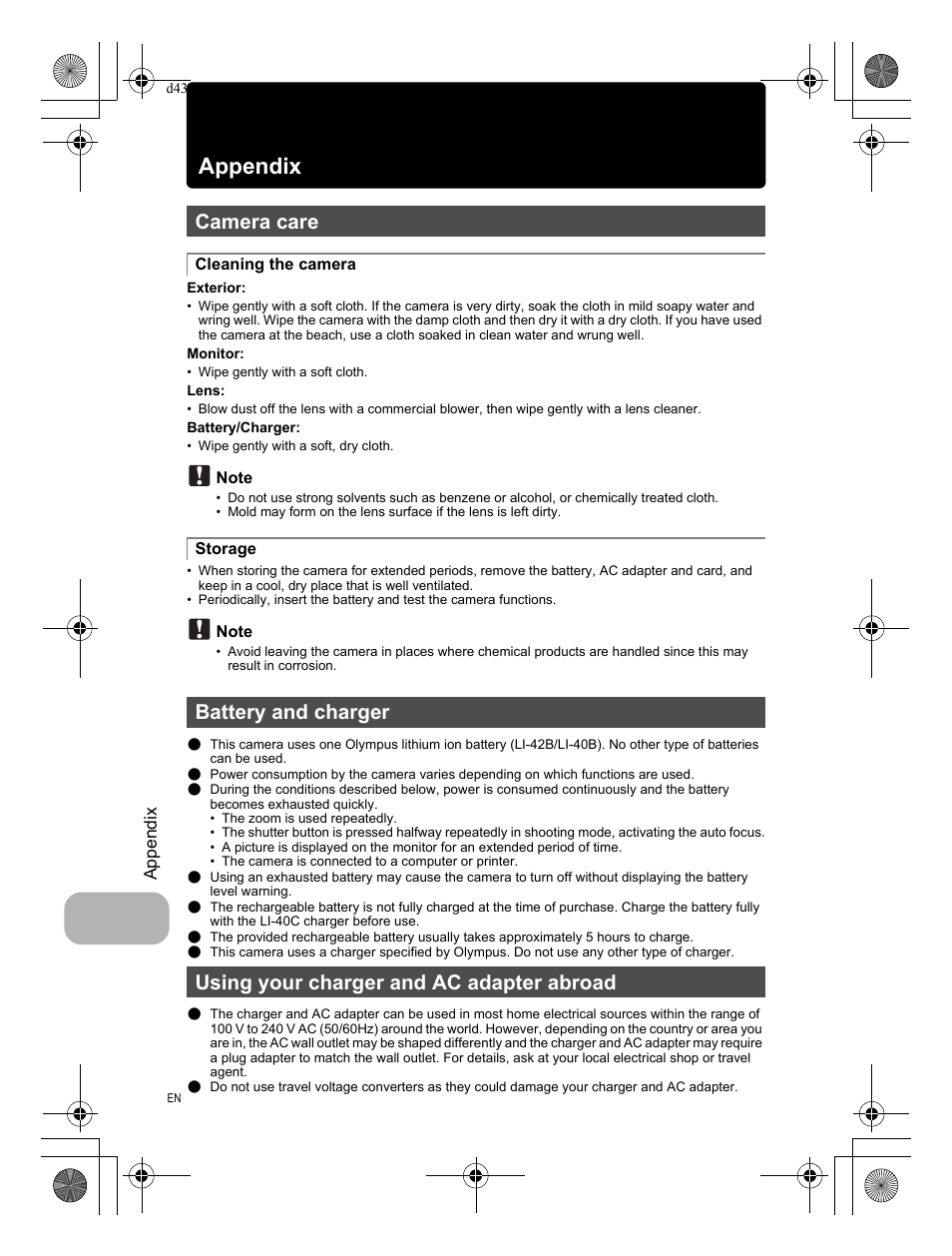 Appendix, Camera care, Cleaning the camera | Storage, Battery and charger, Using your charger and ac adapter abroad | Olympus FE-290 User Manual | Page 48 / 68
