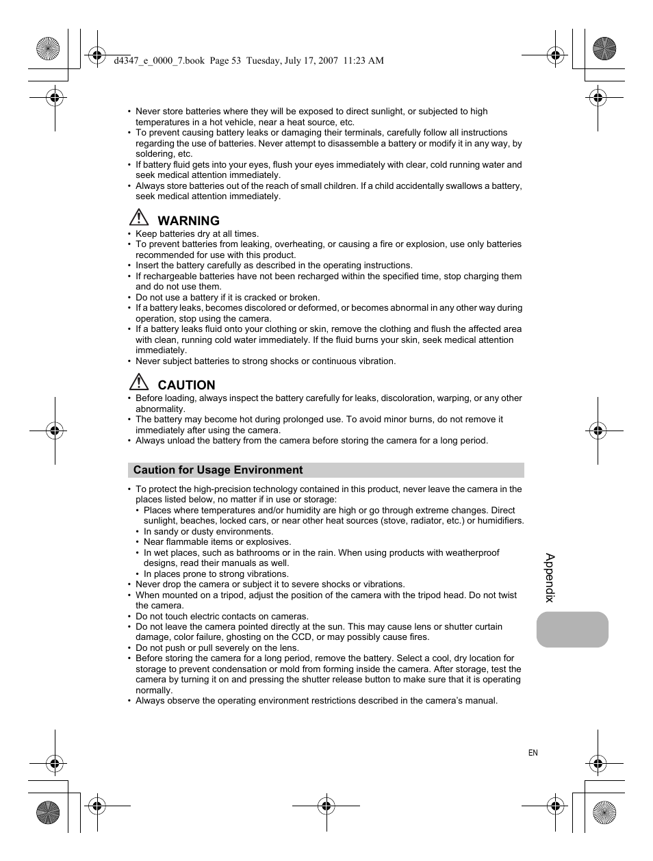 Caution for usage environment, Warning, Caution | Olympus FE-290 User Manual | Page 53 / 68