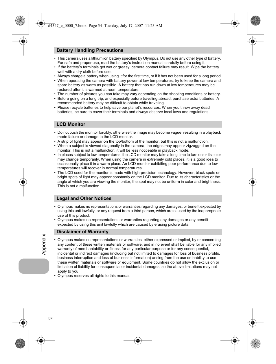 Battery handling precautions, Lcd monitor, Legal and other notices | Disclaimer of warranty | Olympus FE-290 User Manual | Page 54 / 68