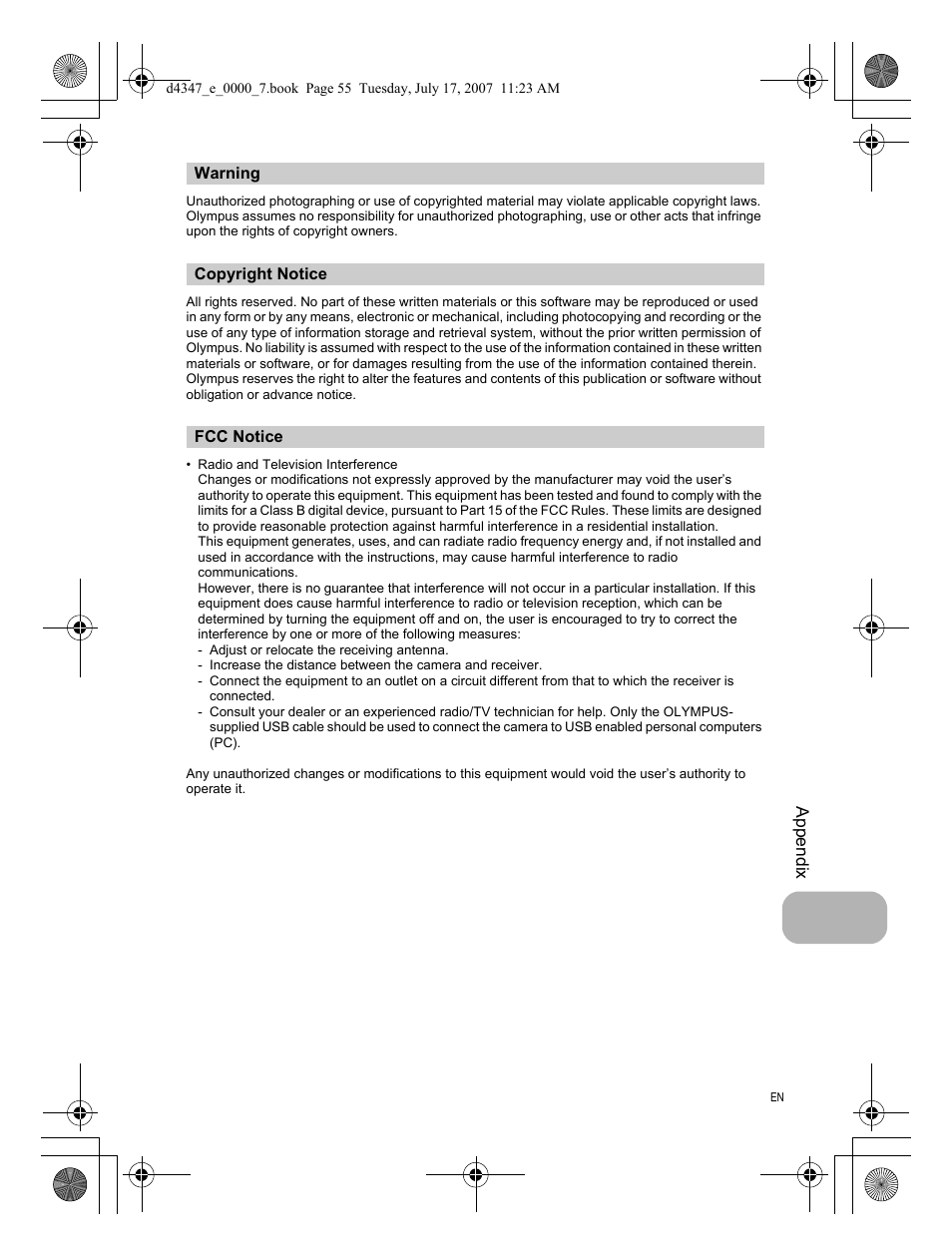 Warning, Copyright notice, Fcc notice | Olympus FE-290 User Manual | Page 55 / 68