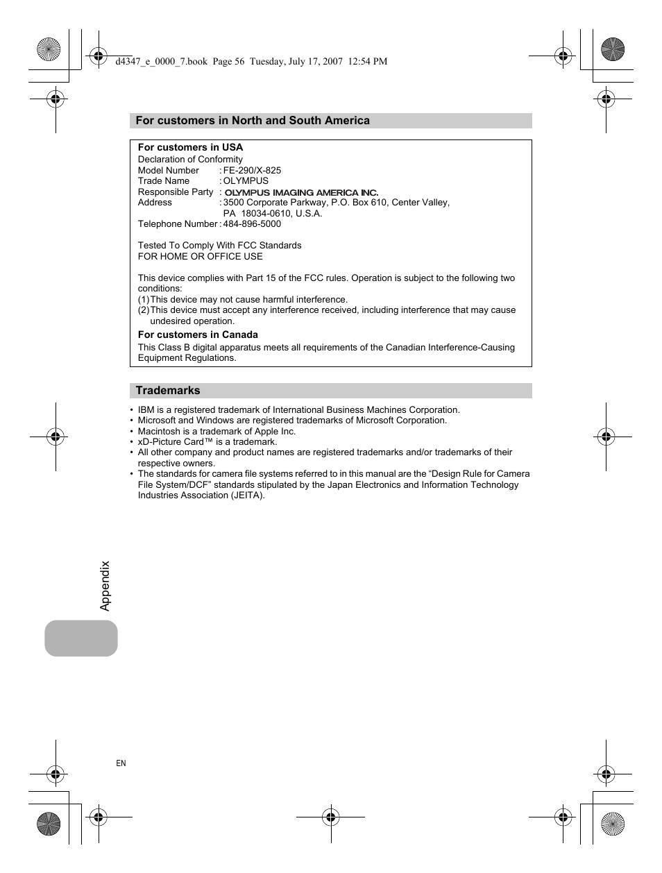 For customers in north and south america, Trademarks | Olympus FE-290 User Manual | Page 56 / 68