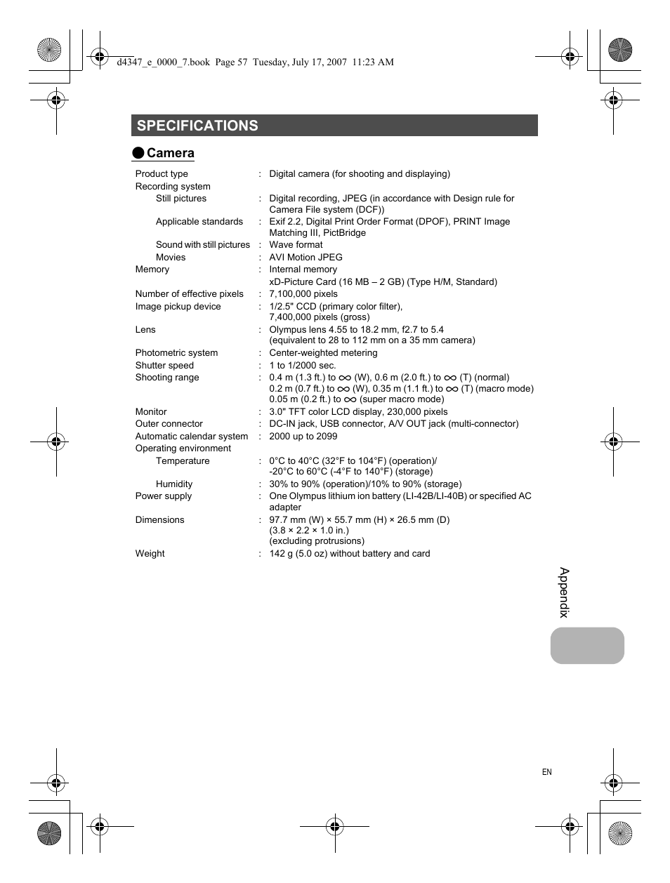 Specifications, Camera, Appendix | Olympus FE-290 User Manual | Page 57 / 68