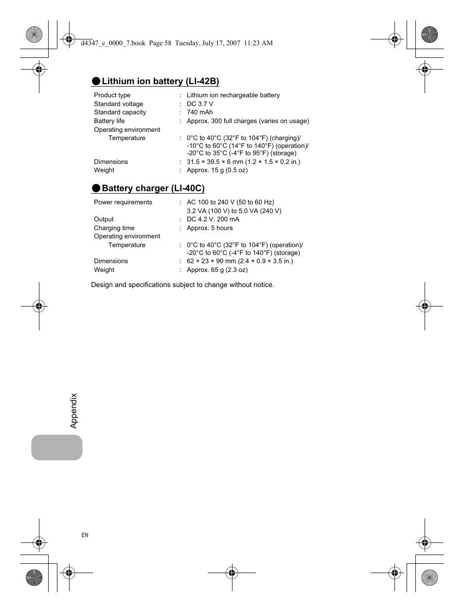Lithium ion battery (li-42b), Battery charger (li-40c) | Olympus FE-290 User Manual | Page 58 / 68