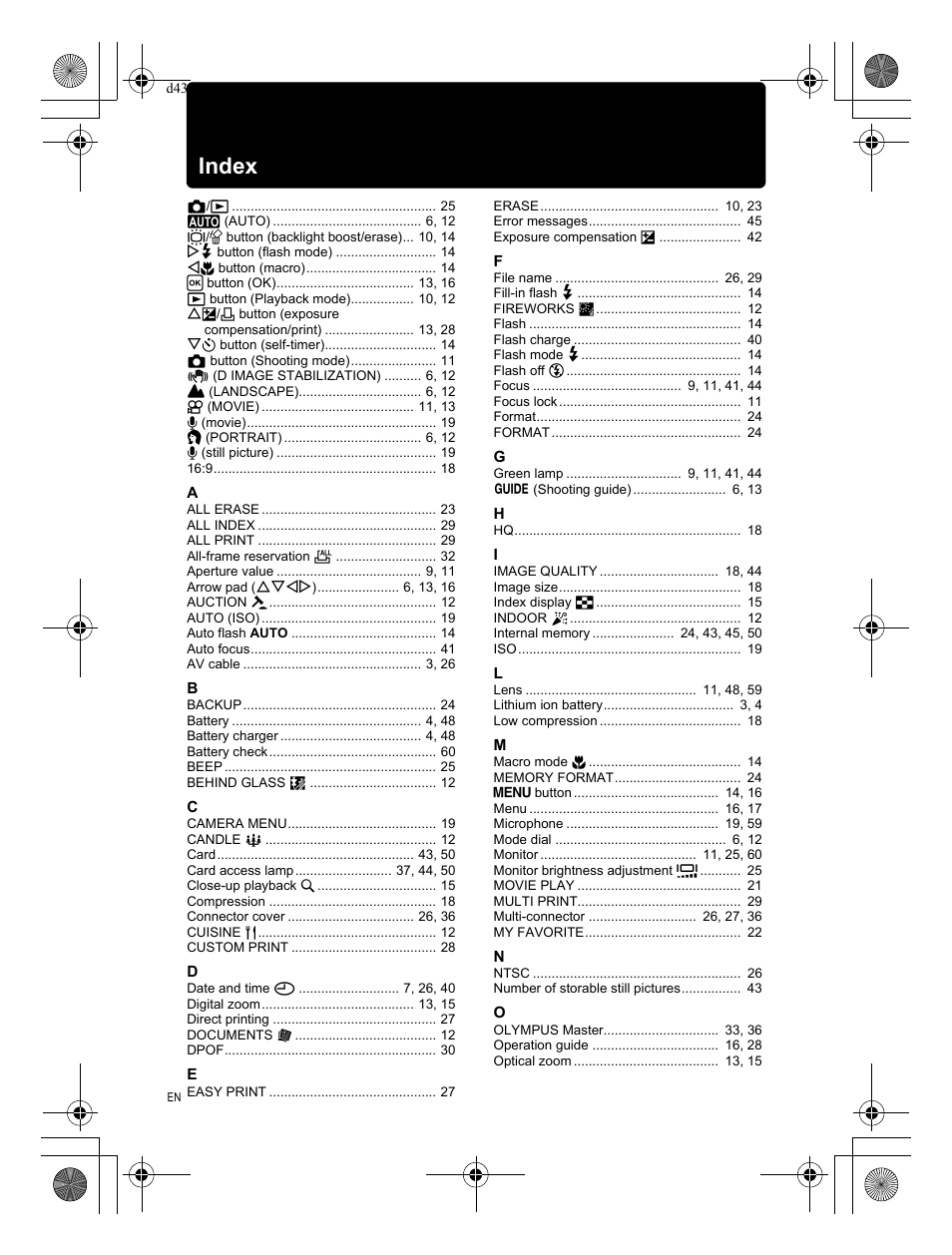 Index | Olympus FE-290 User Manual | Page 62 / 68