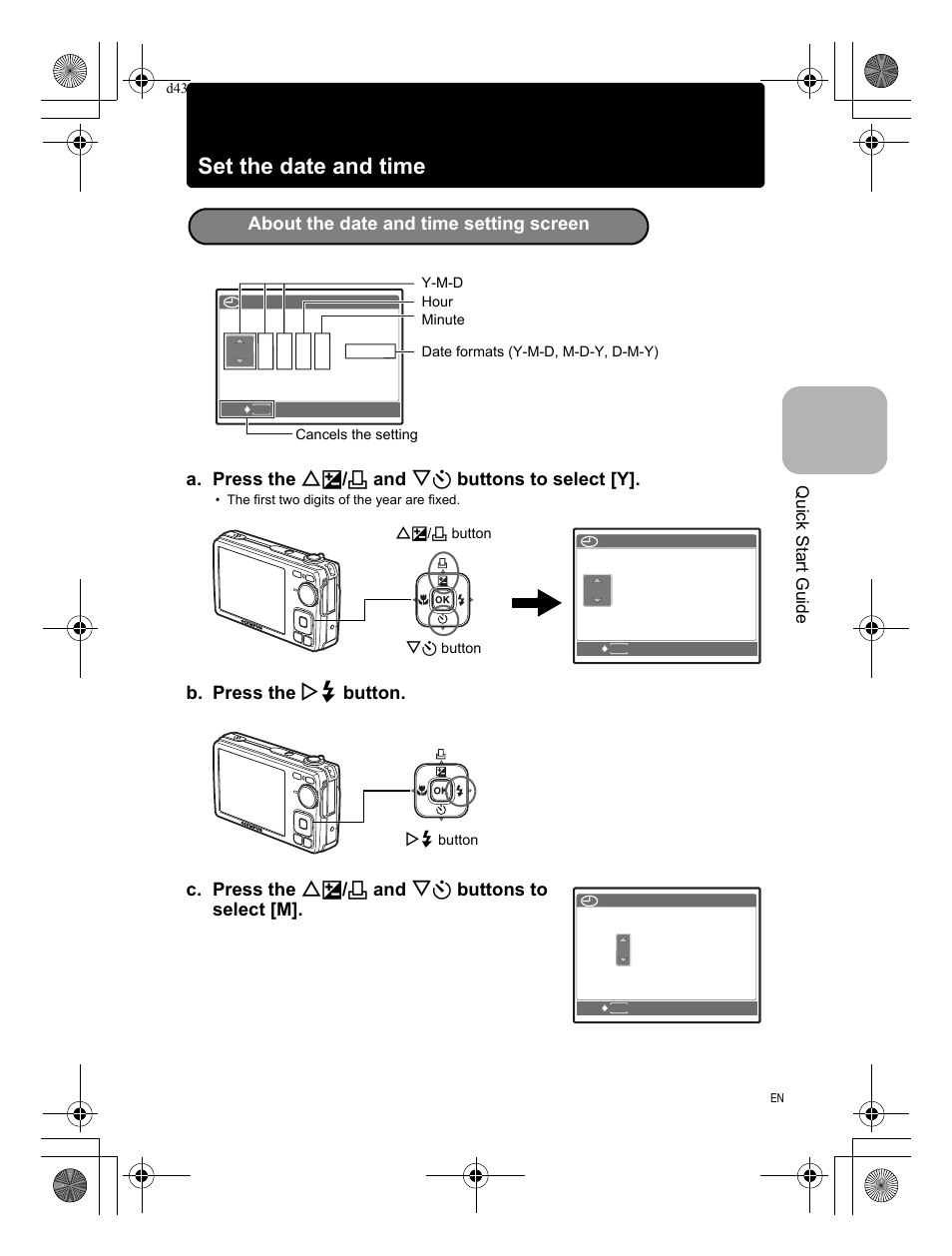 7set the date and time, A. press the of / < and ny buttons to select [y, Quick start guide | Olympus FE-290 User Manual | Page 7 / 68