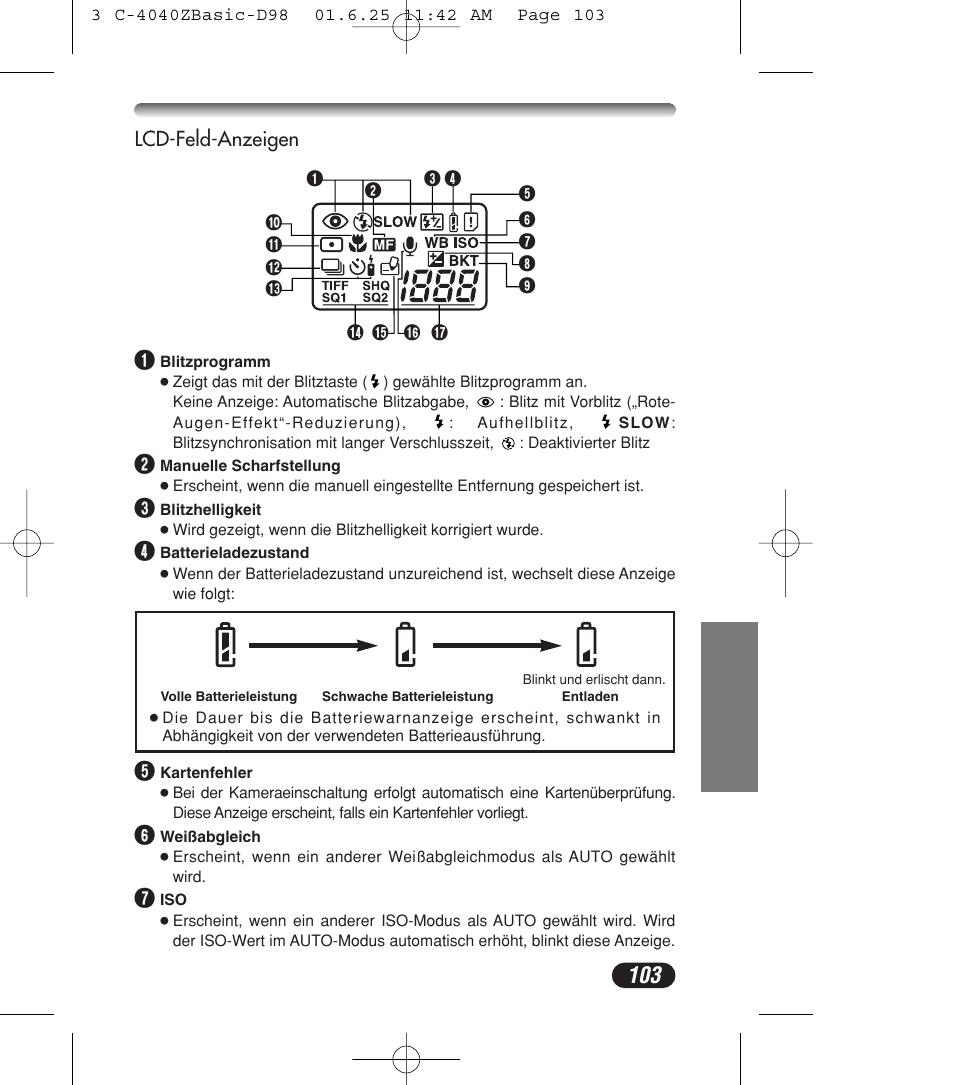 Control panel indications | Olympus C-4040ZOOM User Manual | Page 103 / 196