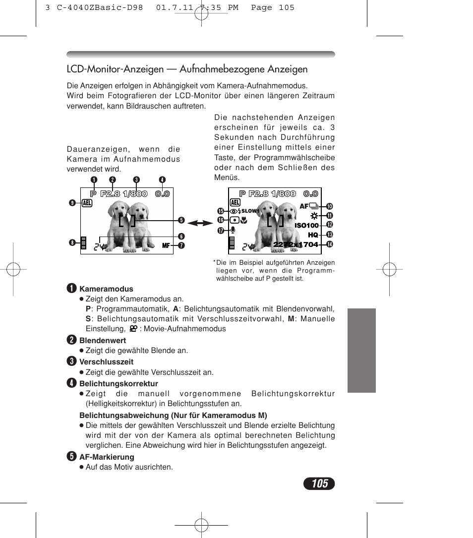 Lcd-monitor-anzeigen — aufnahmebezogene anzeigen | Olympus C-4040ZOOM User Manual | Page 105 / 196