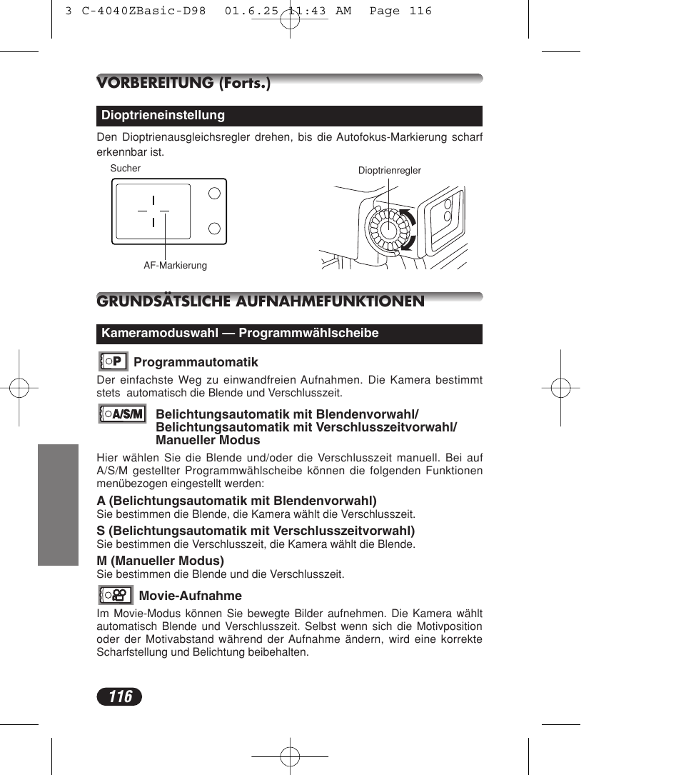 Vorbereitung (forts.), Grundsätsliche aufnahmefunktionen | Olympus C-4040ZOOM User Manual | Page 116 / 196