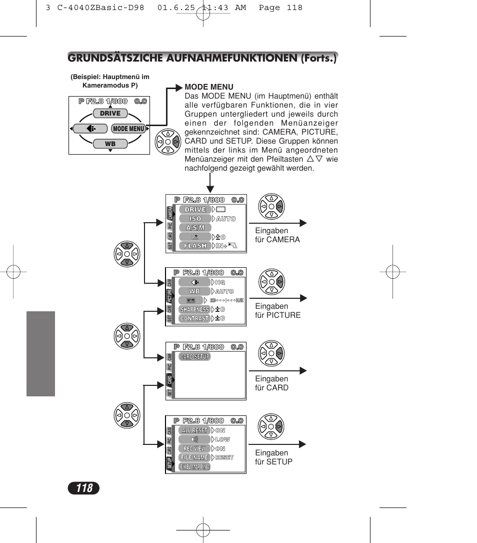 Grundsätsziche aufnahmefunktionen (forts.) | Olympus C-4040ZOOM User Manual | Page 118 / 196