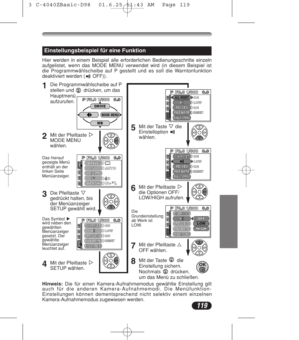 Einstellungsbeispiel für eine funktion | Olympus C-4040ZOOM User Manual | Page 119 / 196