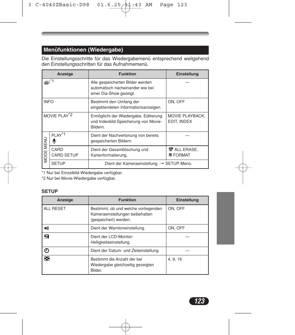 Menüfunktionen (wiedergabe) | Olympus C-4040ZOOM User Manual | Page 123 / 196