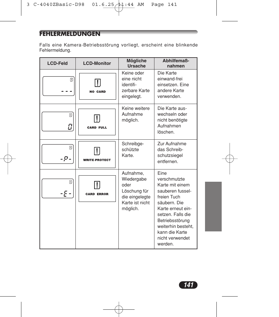 Fehlermeldungen | Olympus C-4040ZOOM User Manual | Page 141 / 196