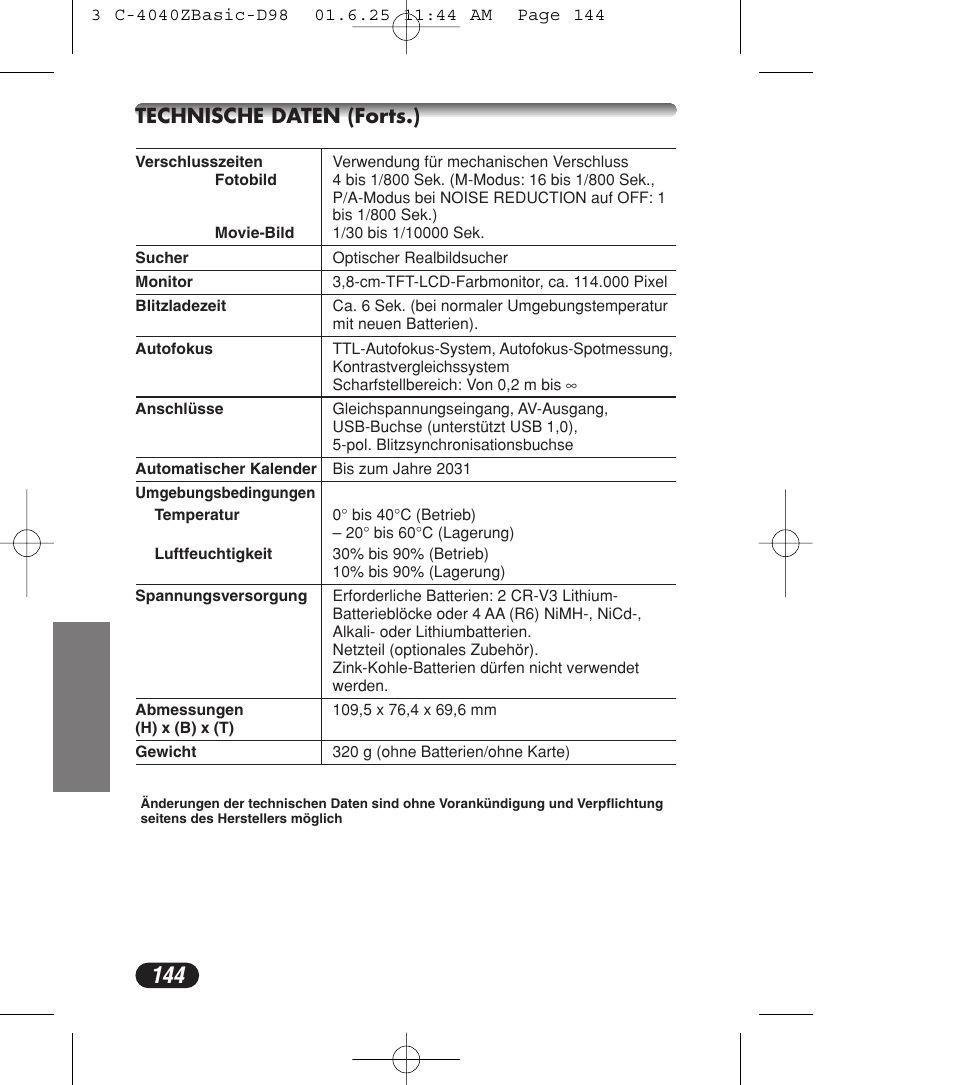 Technische daten (forts.) | Olympus C-4040ZOOM User Manual | Page 144 / 196