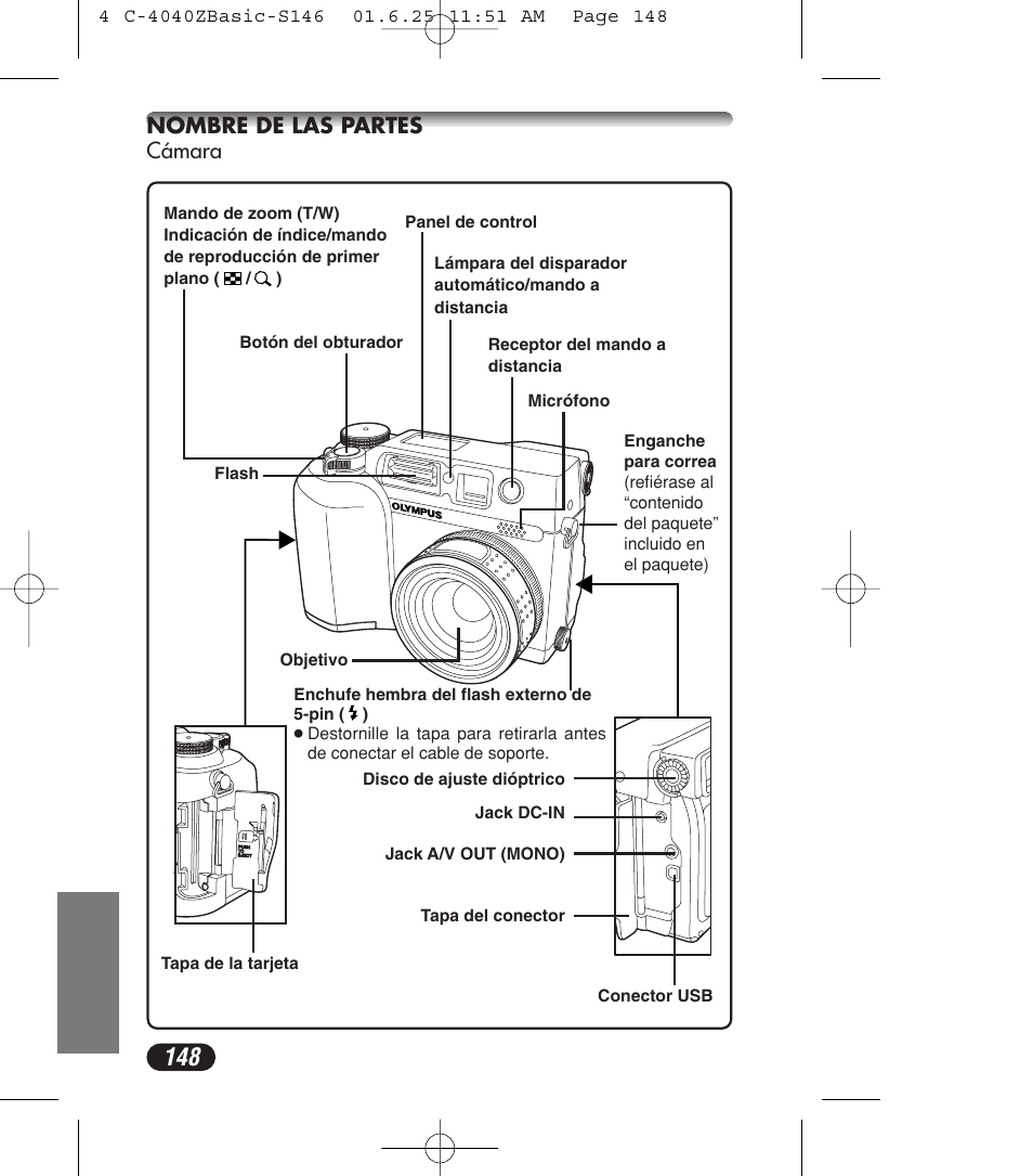 Nombre de las partes cámara | Olympus C-4040ZOOM User Manual | Page 148 / 196