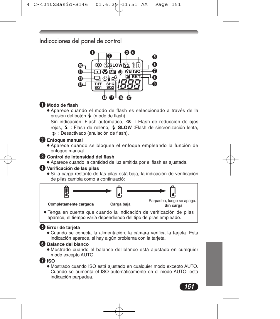 Control panel indications | Olympus C-4040ZOOM User Manual | Page 151 / 196