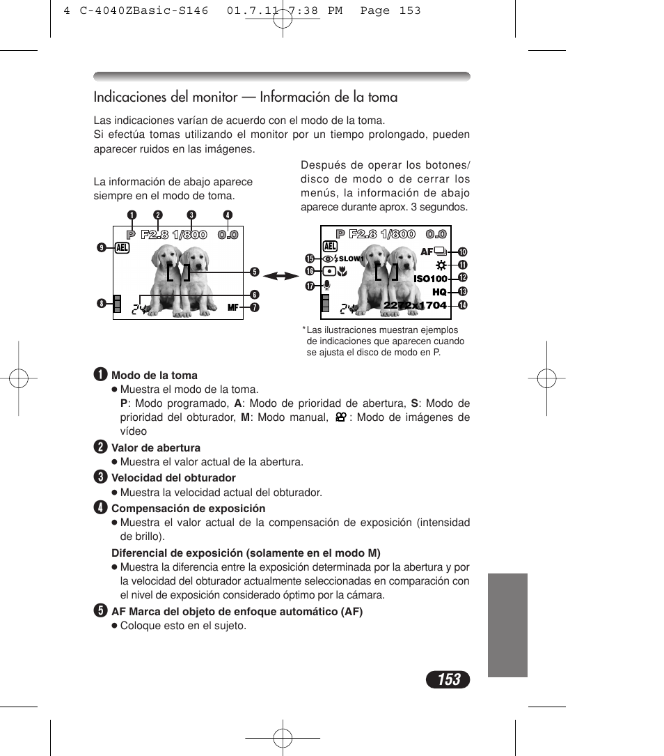 Indicaciones del monitor — información de la toma | Olympus C-4040ZOOM User Manual | Page 153 / 196