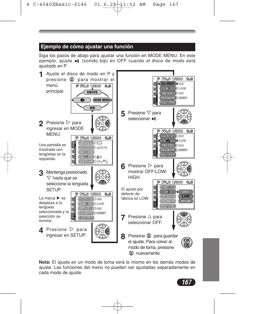 Ejemplo de cómo ajustar una función | Olympus C-4040ZOOM User Manual | Page 167 / 196