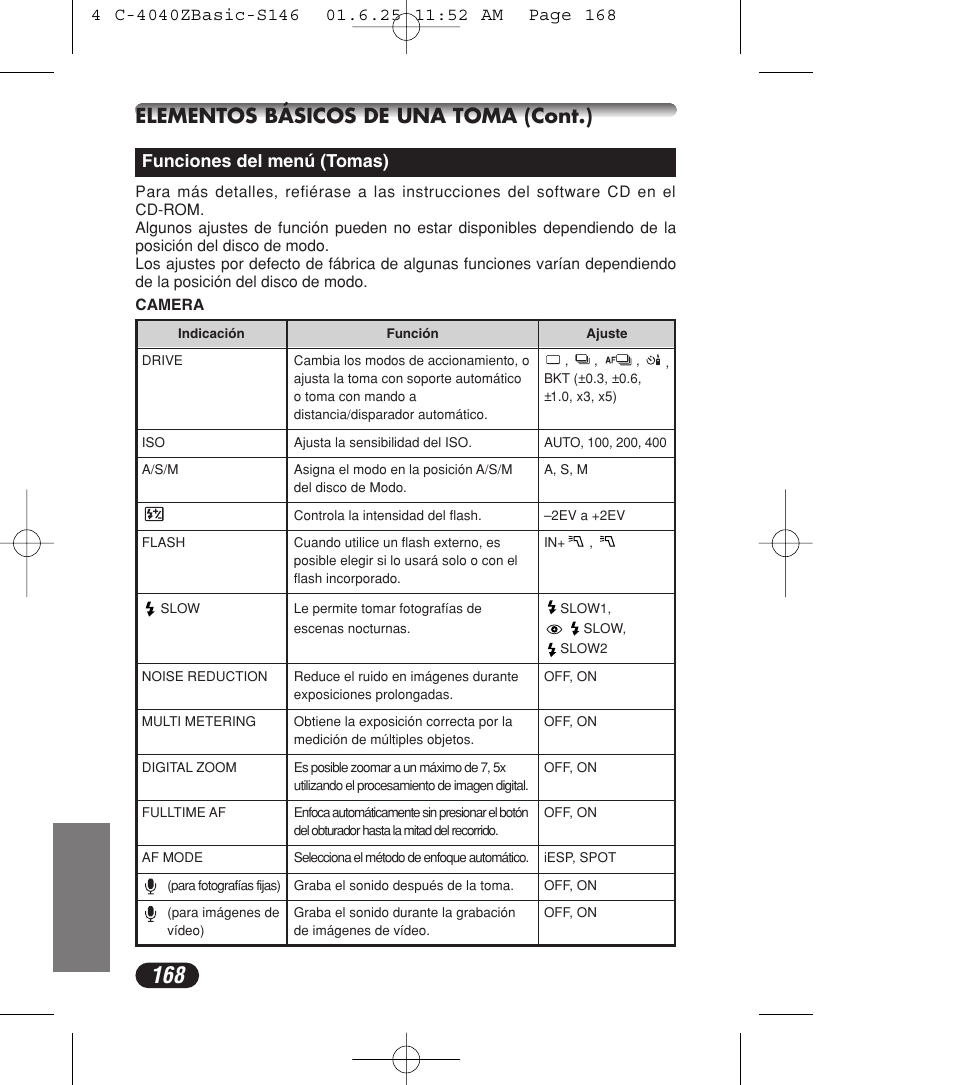 Elementos básicos de una toma (cont.), Funciones del menú (tomas) | Olympus C-4040ZOOM User Manual | Page 168 / 196
