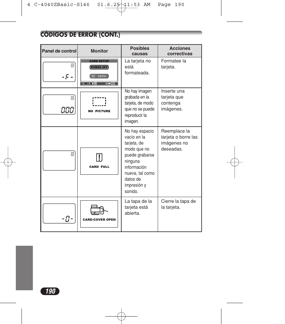 Códigos de error (cont.) | Olympus C-4040ZOOM User Manual | Page 190 / 196