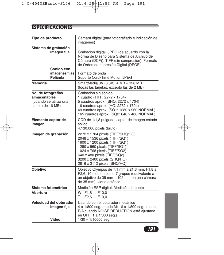 Especificaciones | Olympus C-4040ZOOM User Manual | Page 191 / 196