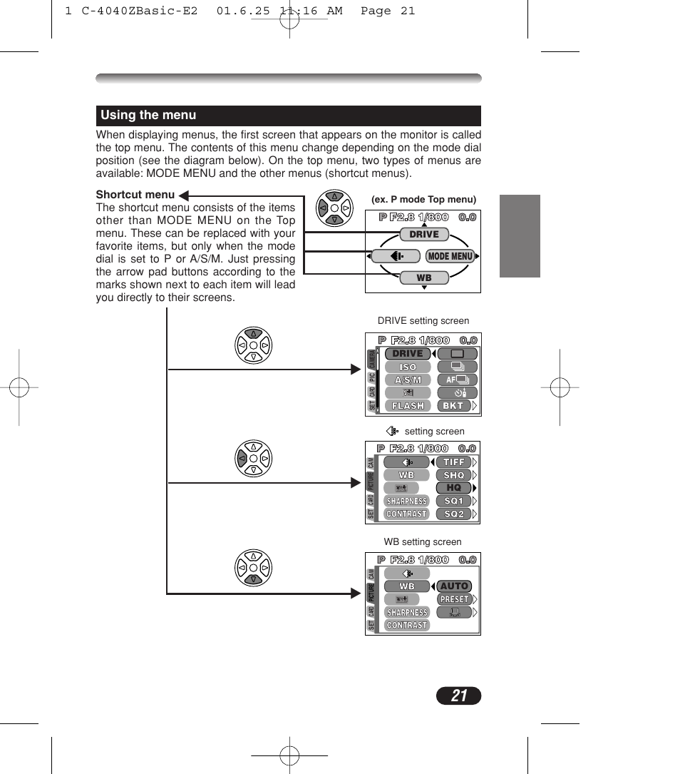 Using the menu | Olympus C-4040ZOOM User Manual | Page 21 / 196