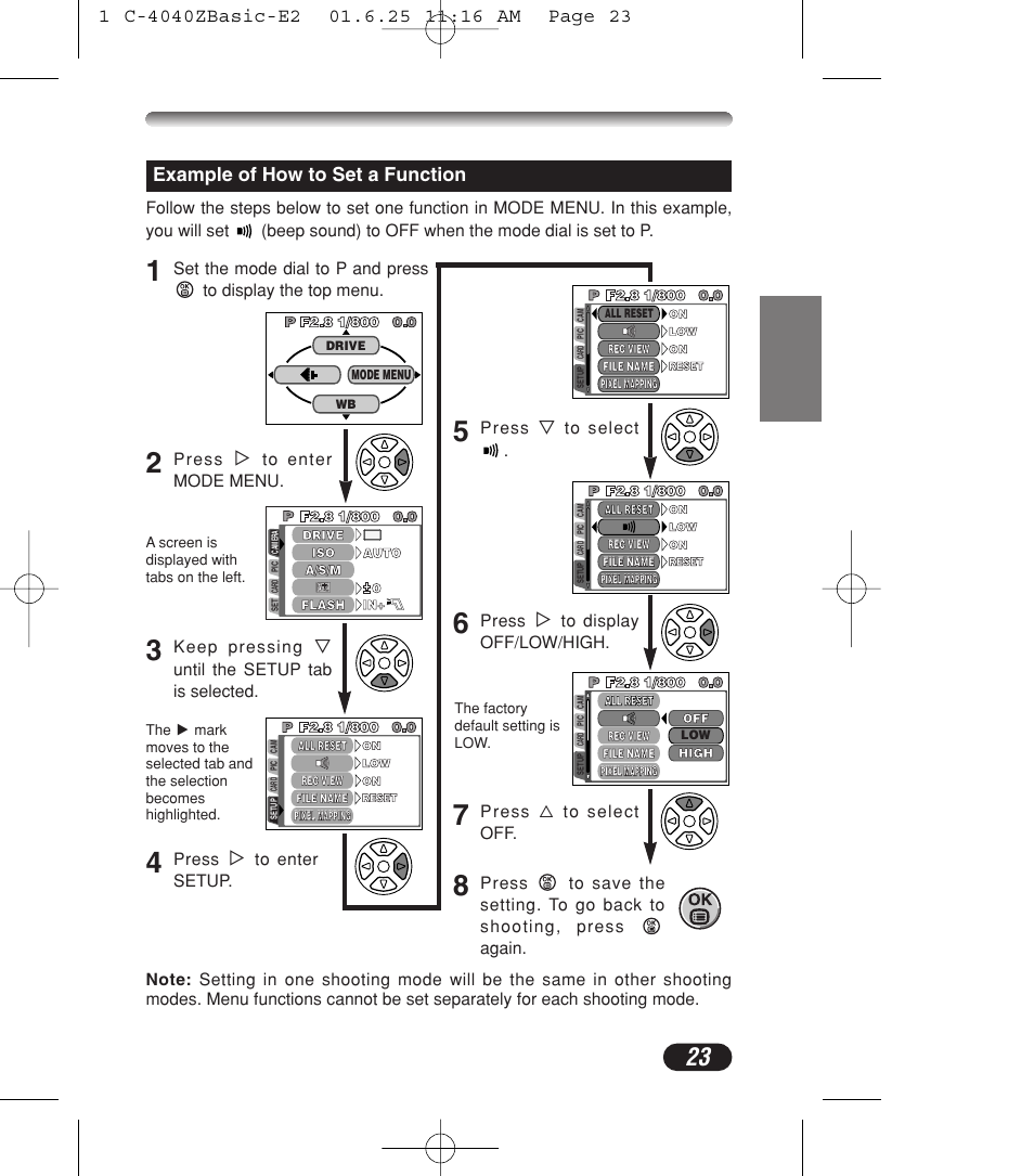 Example of how to set a function | Olympus C-4040ZOOM User Manual | Page 23 / 196