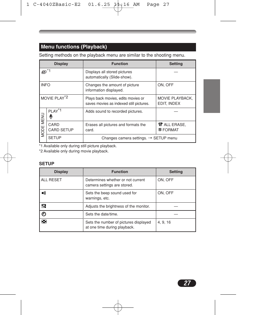 Menu functions (playback) | Olympus C-4040ZOOM User Manual | Page 27 / 196