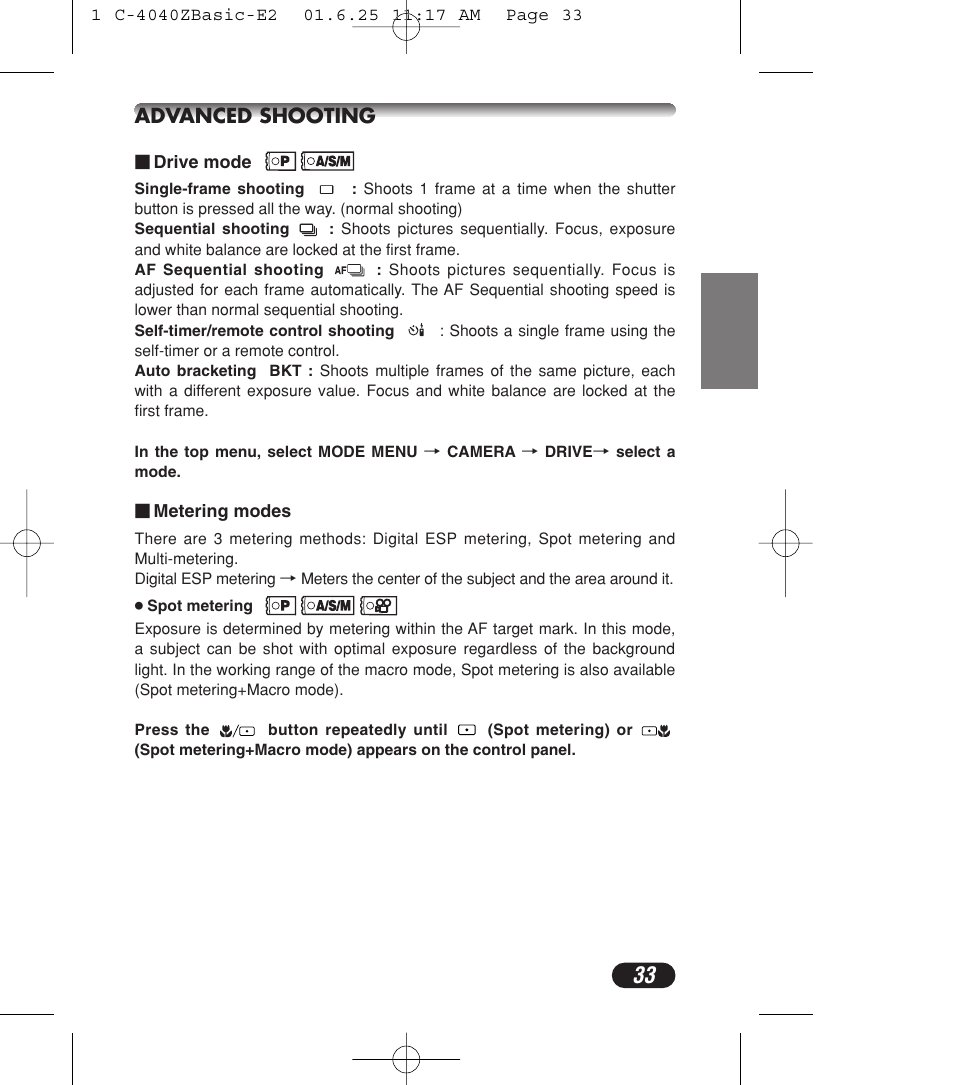 Advanced shooting | Olympus C-4040ZOOM User Manual | Page 33 / 196