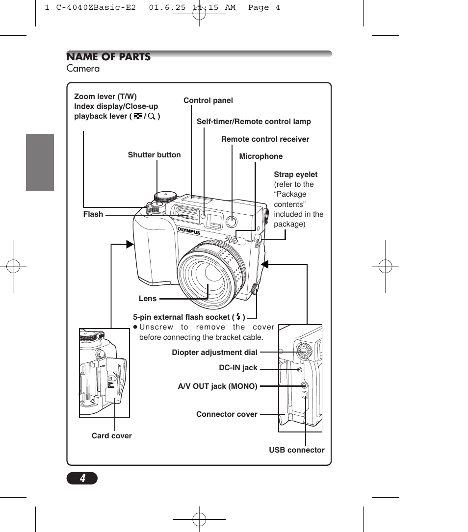 Name of parts camera | Olympus C-4040ZOOM User Manual | Page 4 / 196