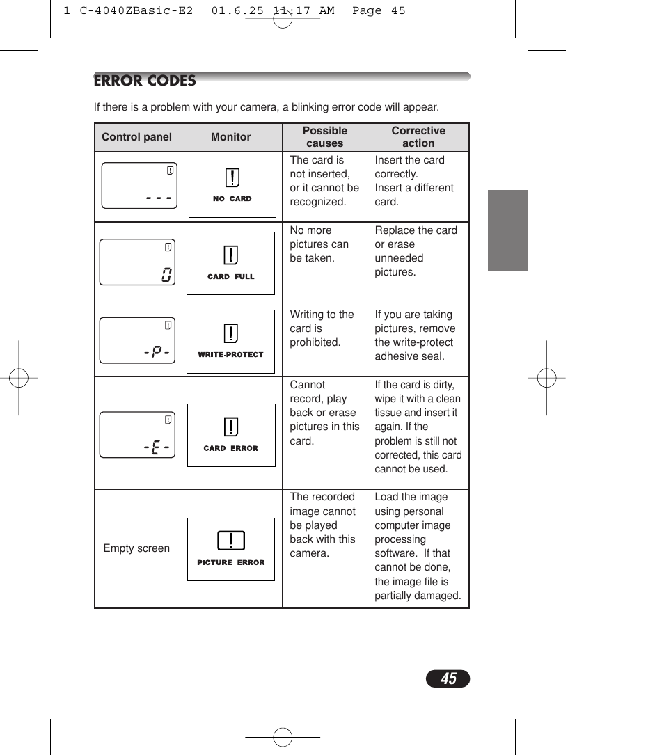 Error codes | Olympus C-4040ZOOM User Manual | Page 45 / 196