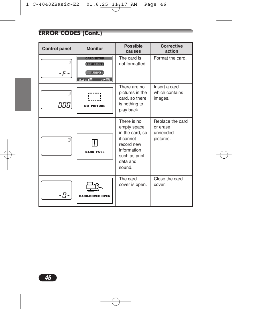 Error codes (cont.) | Olympus C-4040ZOOM User Manual | Page 46 / 196