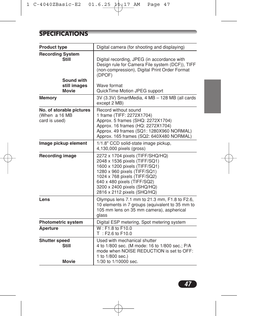 Specifications | Olympus C-4040ZOOM User Manual | Page 47 / 196