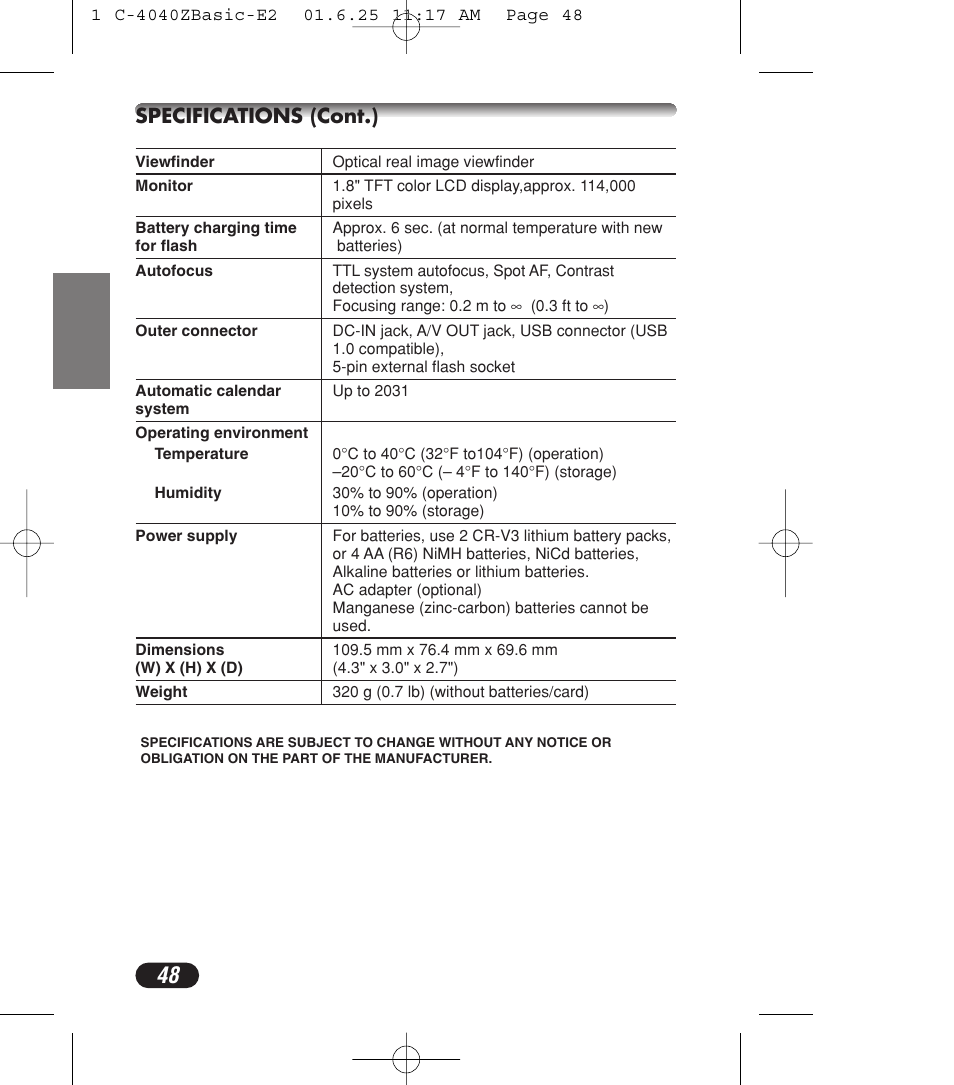 Specifications (cont.) | Olympus C-4040ZOOM User Manual | Page 48 / 196