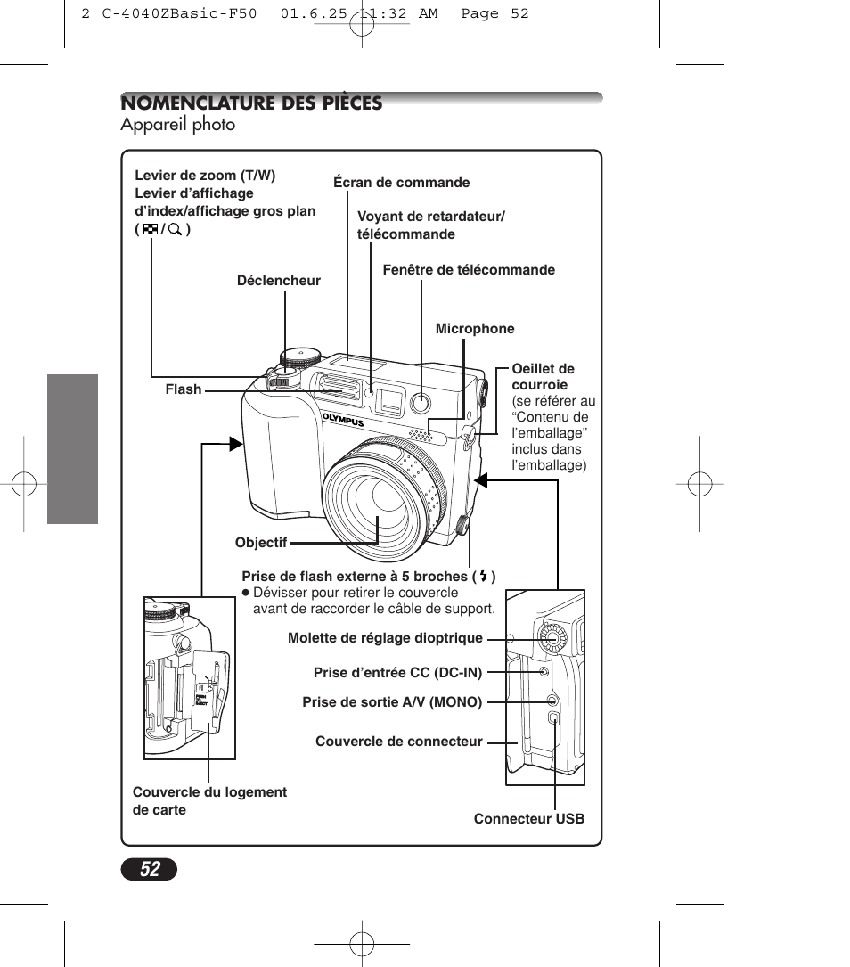 Nomenclature des pièces appareil photo | Olympus C-4040ZOOM User Manual | Page 52 / 196
