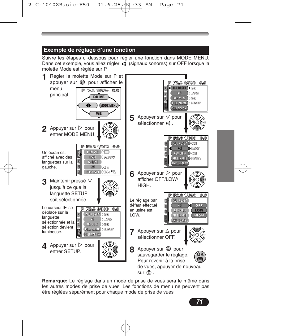 Exemple de réglage d’une fonction | Olympus C-4040ZOOM User Manual | Page 71 / 196