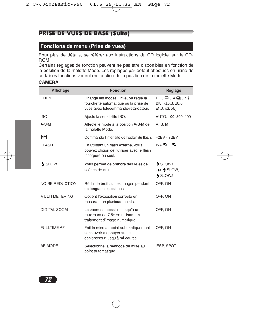 Prise de vues de base (suite) | Olympus C-4040ZOOM User Manual | Page 72 / 196
