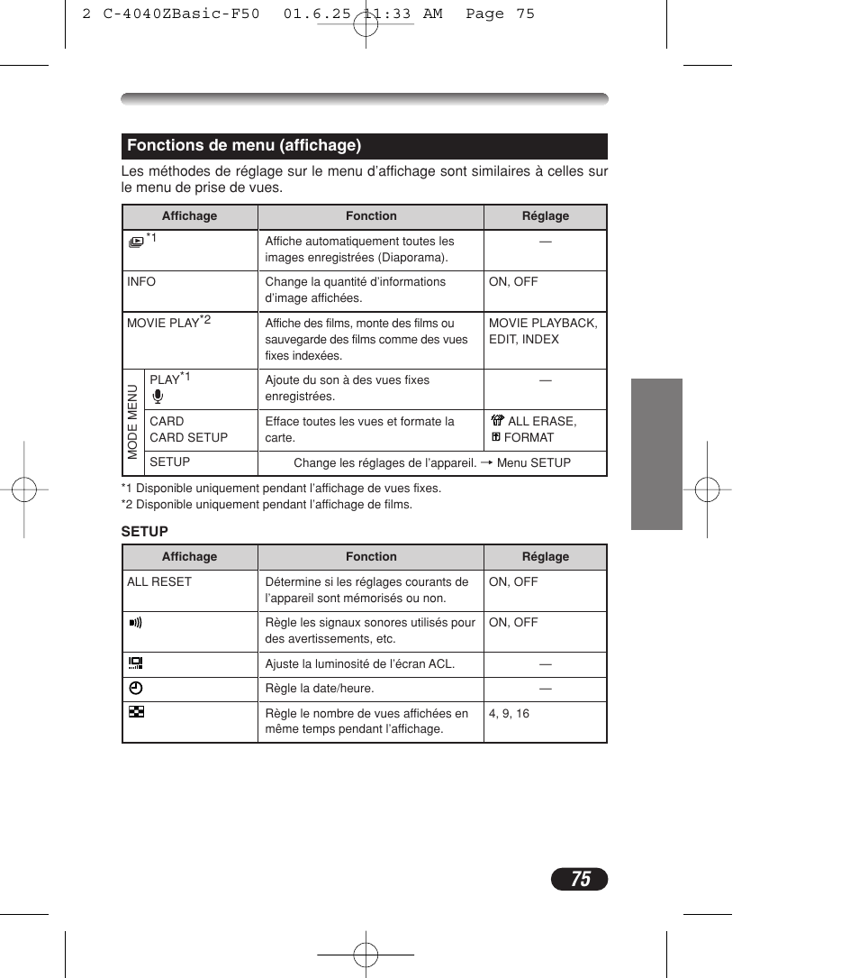Fonctions de menu (affichage) | Olympus C-4040ZOOM User Manual | Page 75 / 196