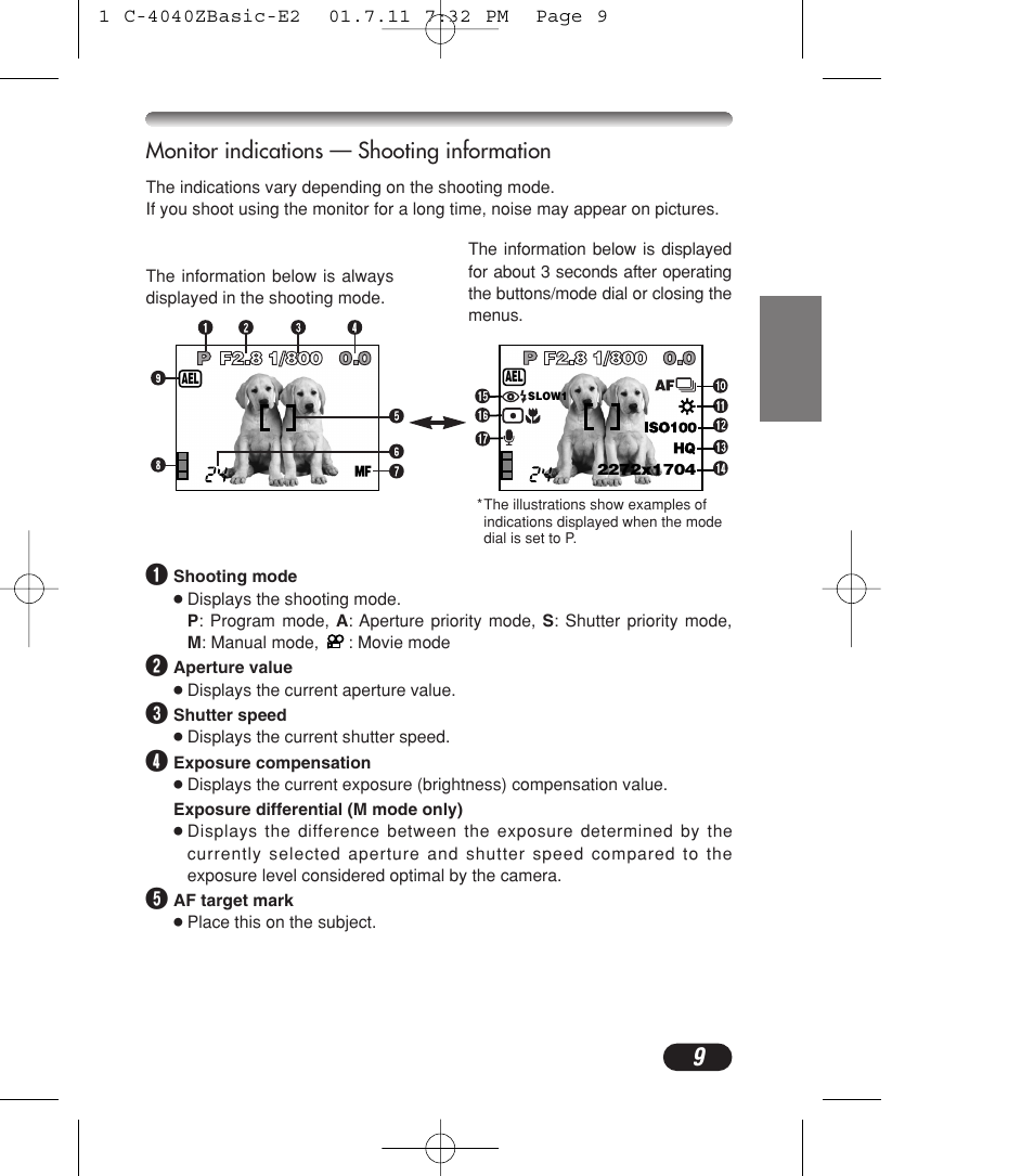 Monitor indications — shooting information | Olympus C-4040ZOOM User Manual | Page 9 / 196