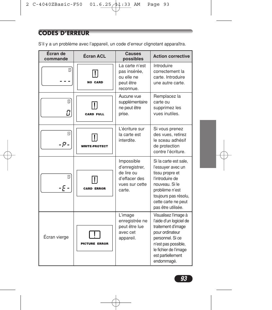 Codes d’erreur | Olympus C-4040ZOOM User Manual | Page 93 / 196