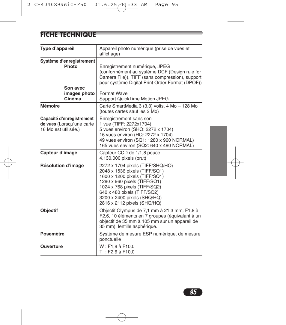 Fiche technique | Olympus C-4040ZOOM User Manual | Page 95 / 196