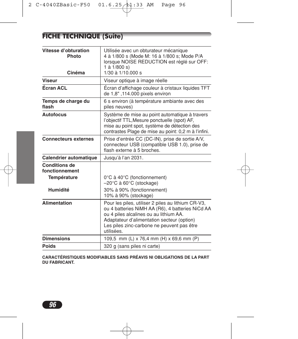 Fiche technique (suite) | Olympus C-4040ZOOM User Manual | Page 96 / 196