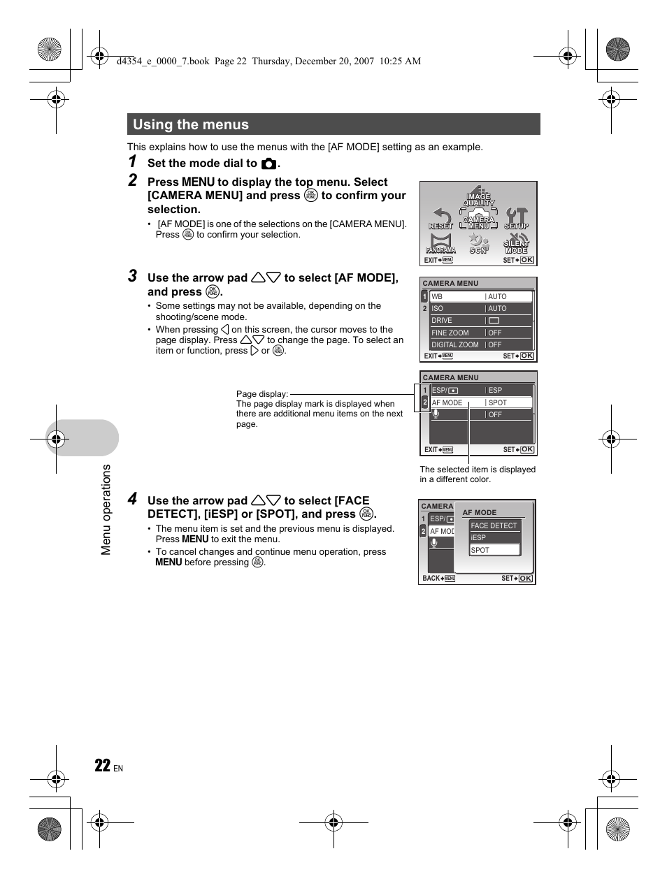 Using the menus, Menu ope rati ons, Set the mode dial to k | Olympus 1030 SW User Manual | Page 22 / 84