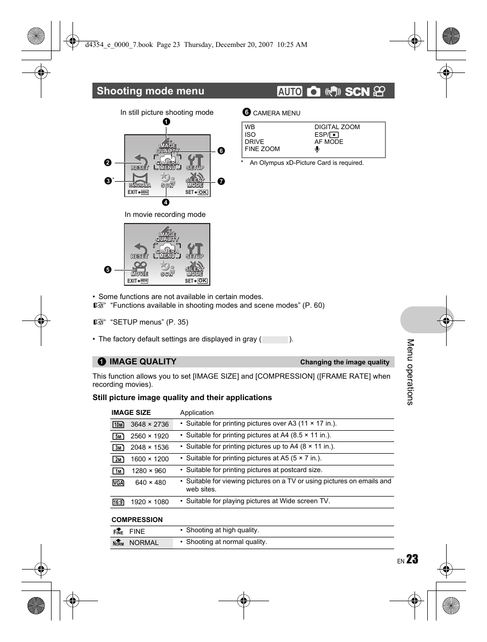 Me nu opera tions, Image quality | Olympus 1030 SW User Manual | Page 23 / 84