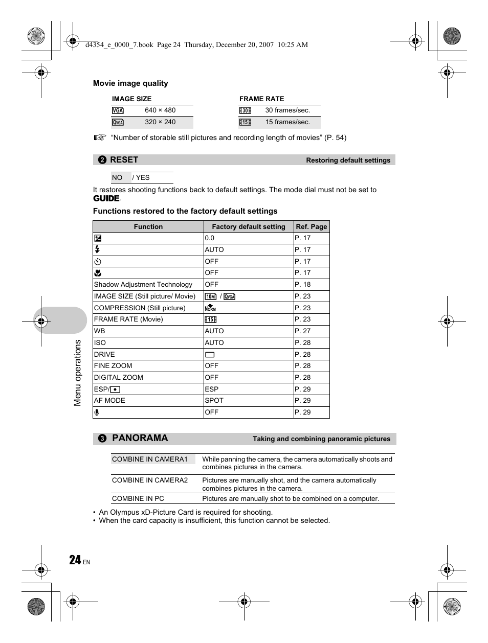 Panorama, Menu ope rati ons | Olympus 1030 SW User Manual | Page 24 / 84