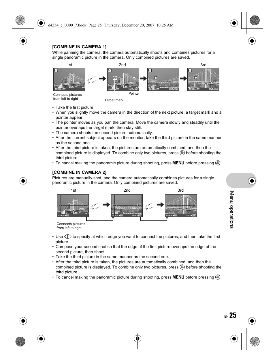 Me nu opera tions, Combine in camera 1, Combine in camera 2 | Olympus 1030 SW User Manual | Page 25 / 84